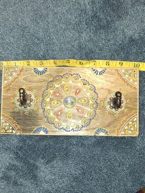Hand-Painted Wooden Wall Hook Rack in Brown with Colorful Mandala